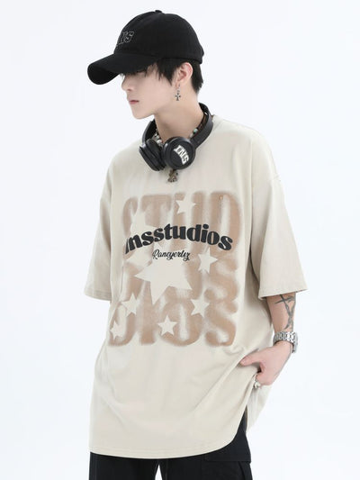 【INS】Fuzzy logo star half sleeve cotton T-shirt  IN0015