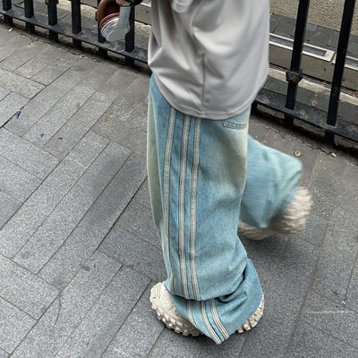 【FATEENG】Side stripe drape loose washed jeans  FG0003