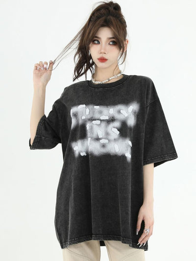 【INS】Smoke embroidery logo half sleeve washed T-shirt  IN0014