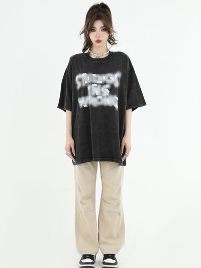 【INS】Smoke embroidery logo half sleeve washed T-shirt  IN0014