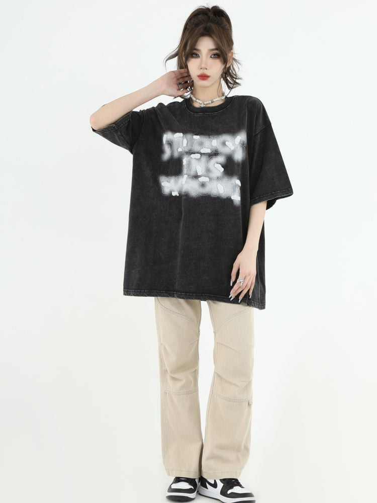 【INS】Smoke embroidery logo half sleeve washed T-shirt  IN0014