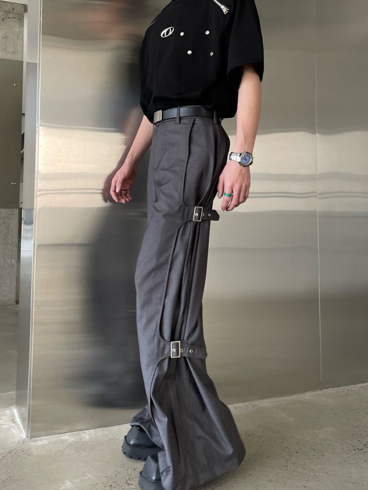 [MARTHENAUT]Side metal buckle pleated wide leg casual pants MH0005
