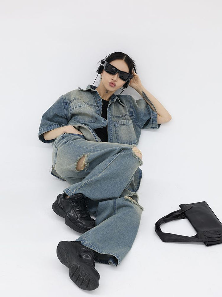 FUZZYKON】Washed denim short sleeve jacket & wide pants setup 