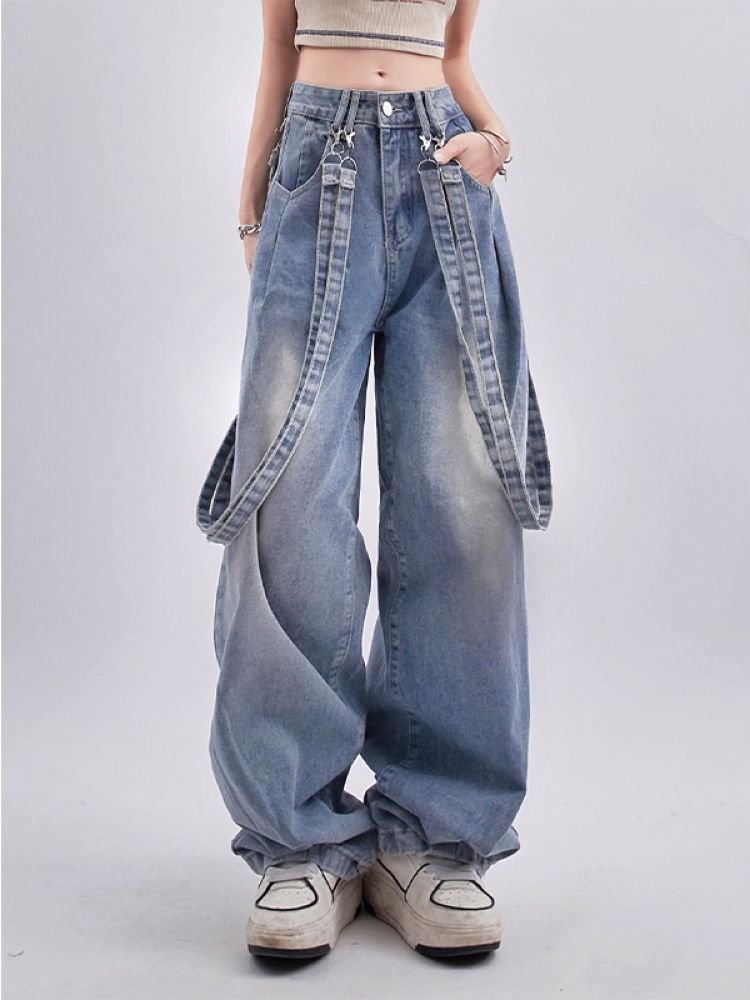 【Rayohopp】Retro suspenders casual washable jeans  RH0006