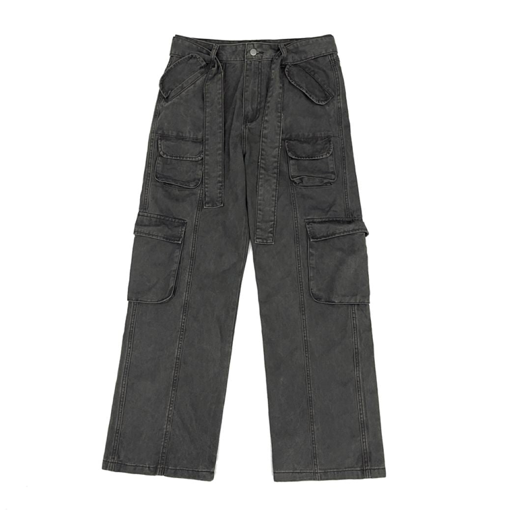 【FATEENG】Retro multi-pocket washed loose wide leg pants FG0005
