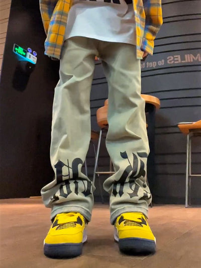 【F383】Yellow mud washed print straight jeans  FT0036