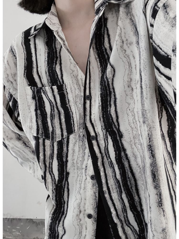 【Floating weed】Artistic ink print diagonal button loose shirt FW0005