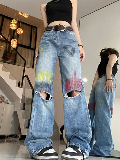 Ink graffiti ripped design wide leg jeans  HL2917