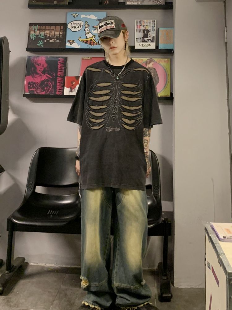 【MAXDSTR】Bone design distressed oversized T-shirt  MD0060