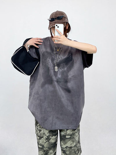 【CEDY】Design print suede short sleeve T-shirt  CD0019
