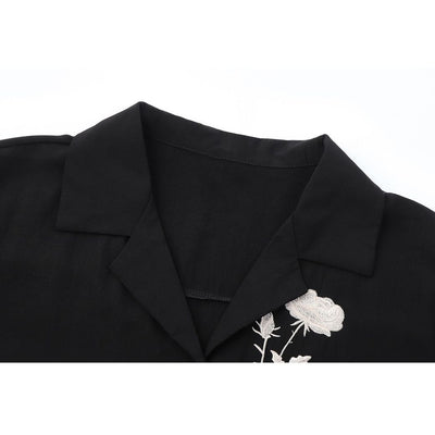 【ANAMONE】Rose embroidery Cuban collar casual shirt AO0006