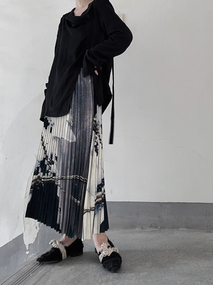 【Floating weed】Abstract oil painting printing Calf-length pleated skirt  FW0002