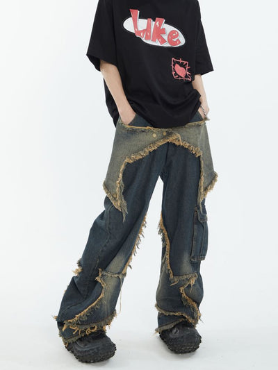 【MAXDSTR】Stitch fringe design wide denim jeans  MD0065