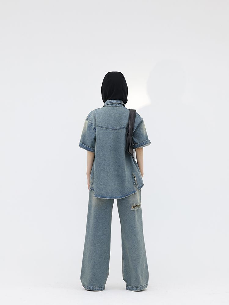 FUZZYKON】Washed denim short sleeve jacket & wide pants setup 