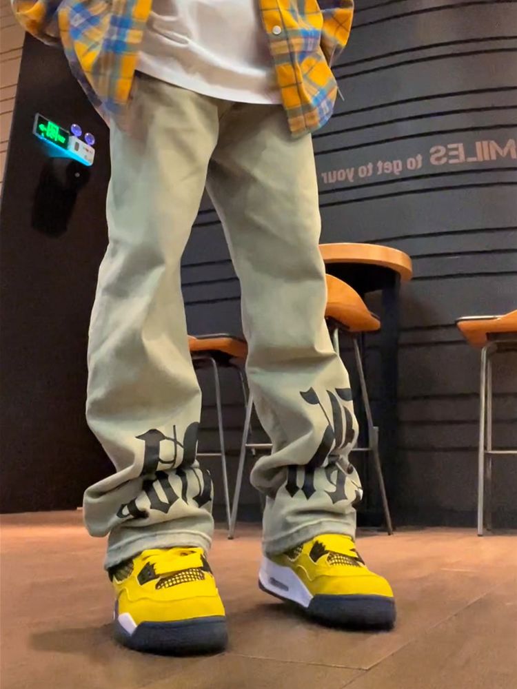 【F383】Yellow mud washed print straight jeans  FT0036