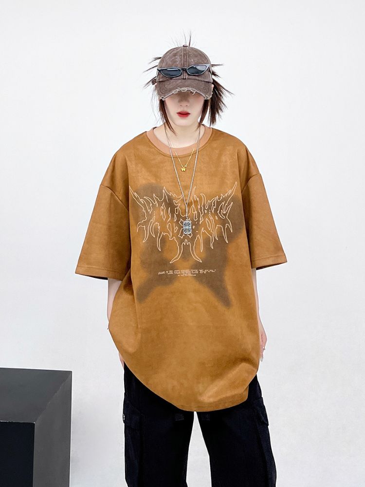 【CEDY】Design print suede short sleeve T-shirt  CD0019