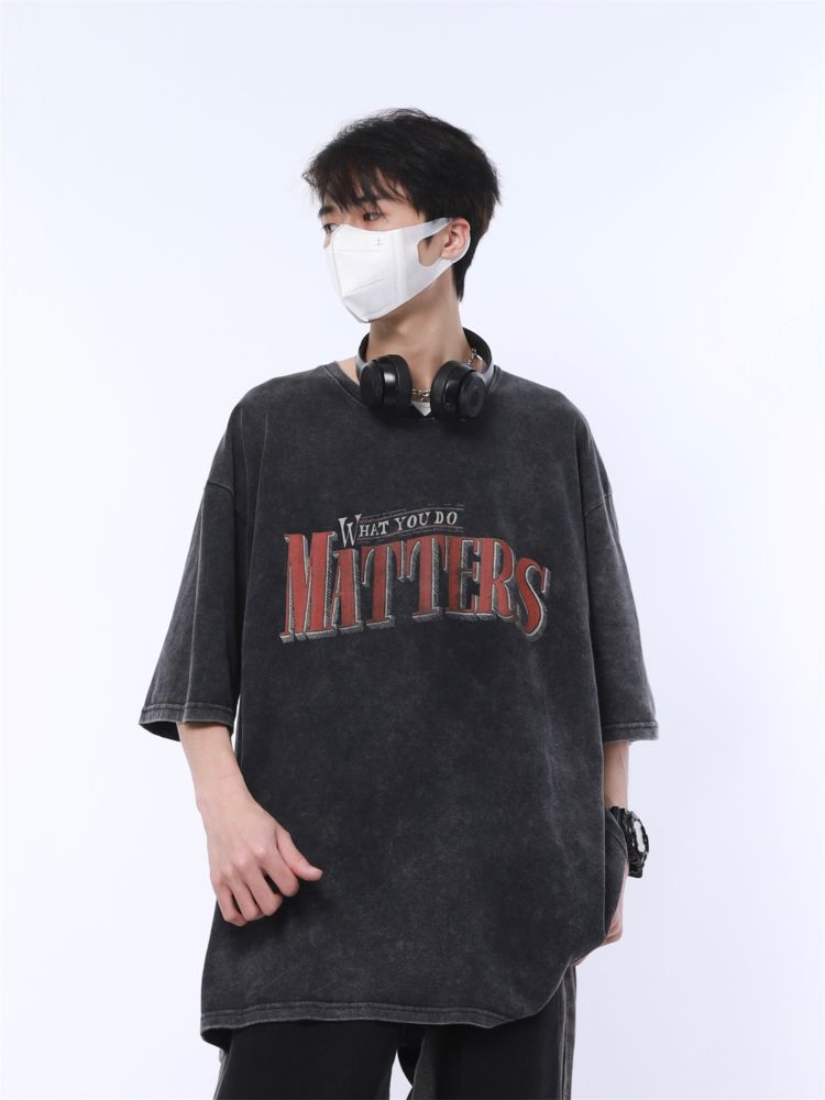 Retro letter print loose wash cotton T-shirt  HL2932