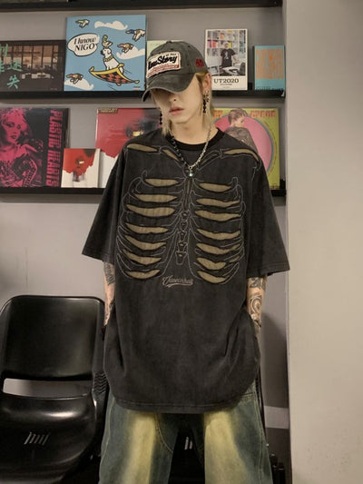 [MAXDSTR] Bone design distressed oversized T-shirt MD0060