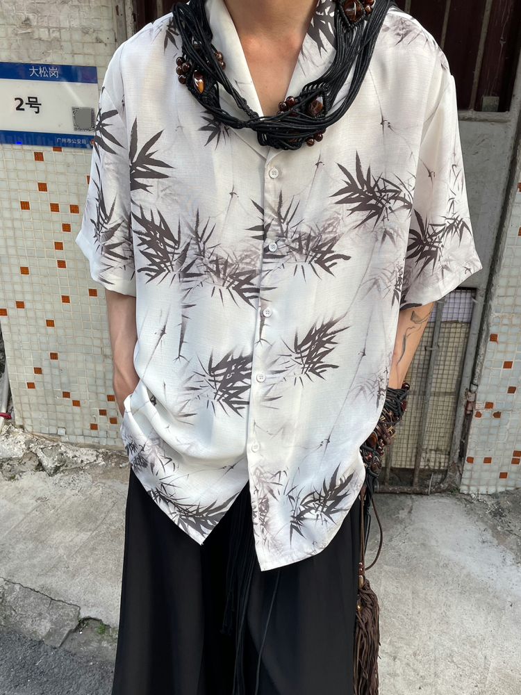 【Sleeping】Bamboo leaf ink paint short-sleeved shirt  SL0003