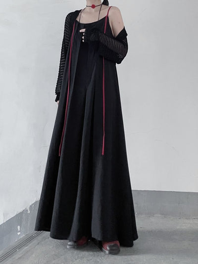 [Floating weed] Long ribbon suspenders pleated long dress FW0006