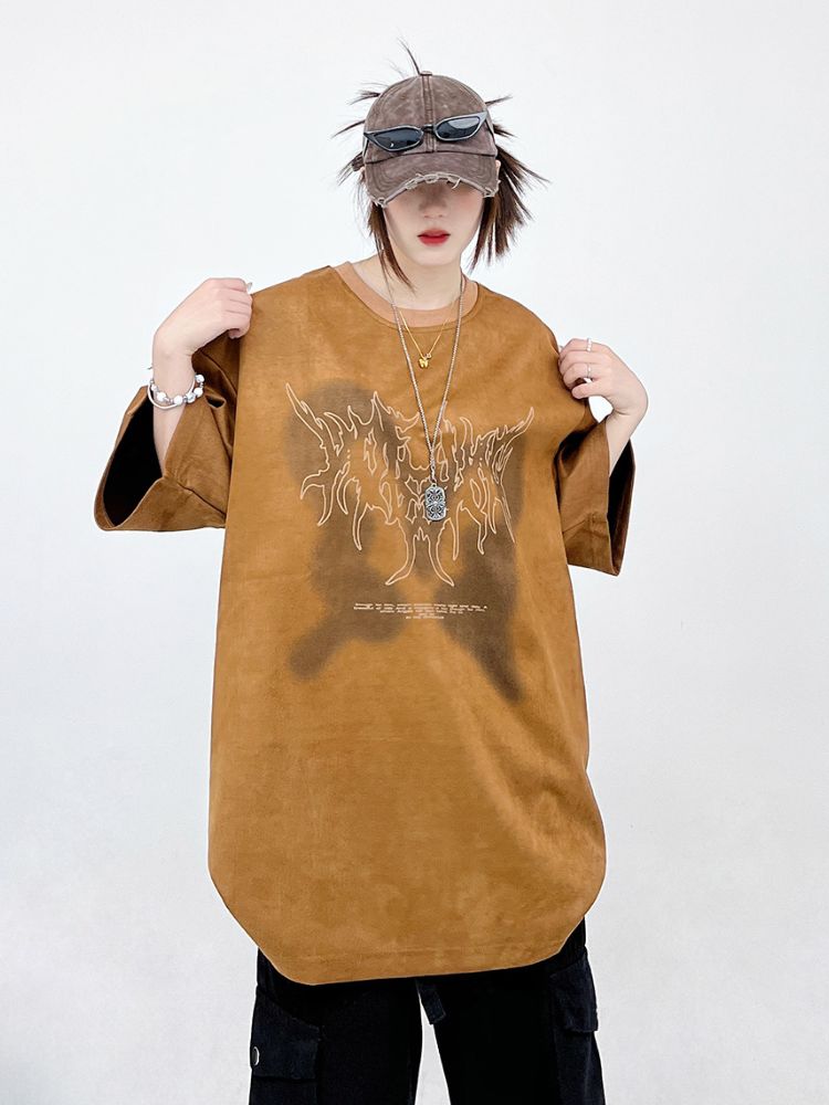 【CEDY】Design print suede short sleeve T-shirt  CD0019
