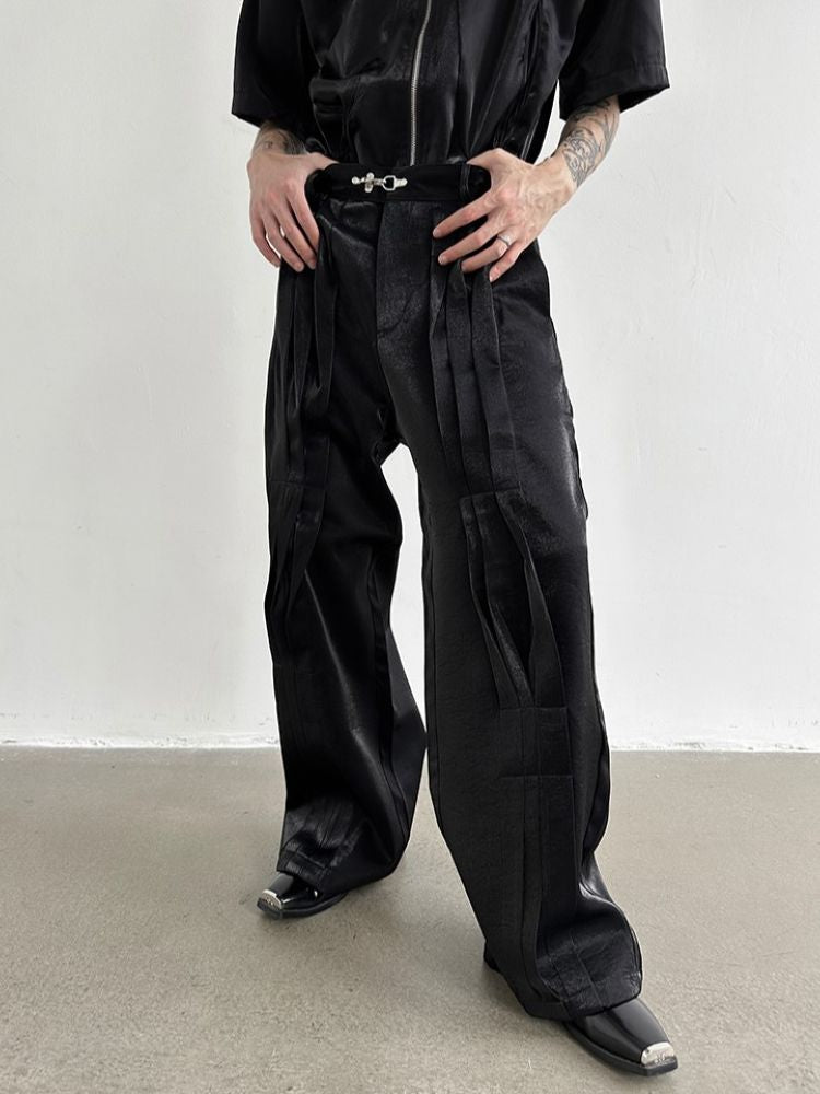 [Very Fewest] Pleated design metal buckle wide leg pants VF0014