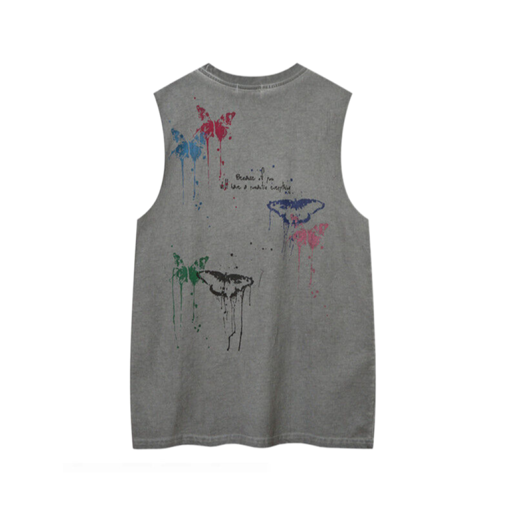 【VEG Dream】Ink butterfly print sleeveless best T-shirt VD0180