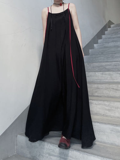 【Floating weed】Long ribbon suspenders pleated long dress  FW0006