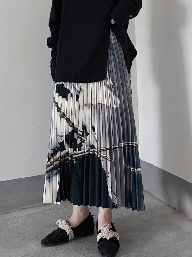 【Floating weed】Abstract oil painting printing Calf-length pleated skirt  FW0002