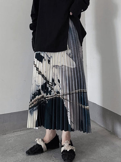 [Floating weed] Abstract oil painting printing Calf-length pleated skirt FW0002