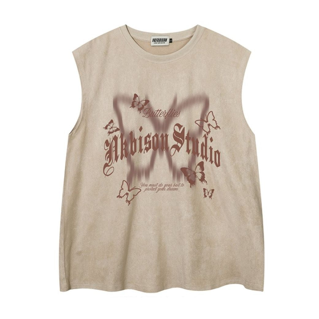 【NIHAOHAO】Butterfly print suede sleeveless top  NH0042