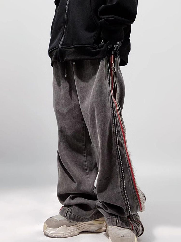 【UUCSCC】Side zip ripped design wide leg jeans  US0038