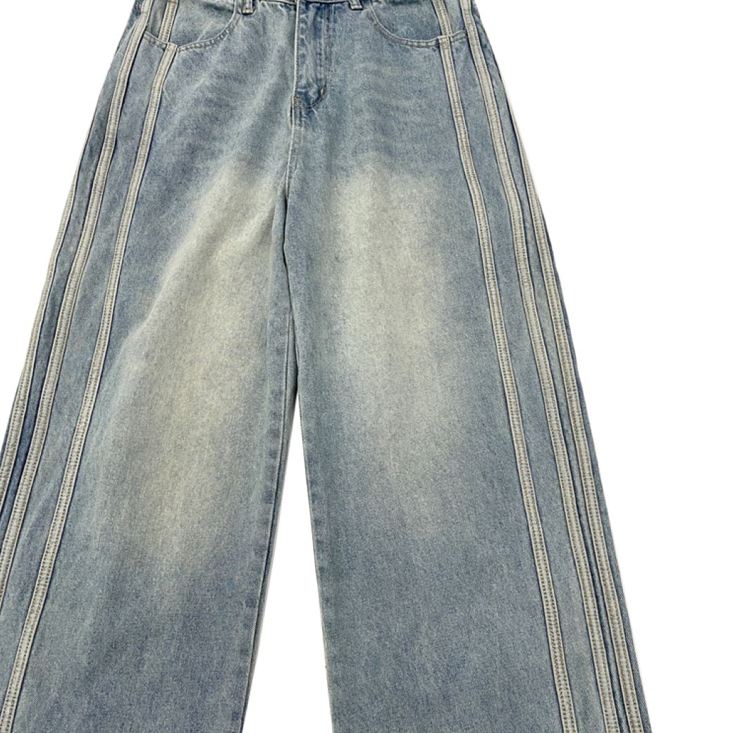 【FATEENG】Side stripe drape loose washed jeans  FG0003