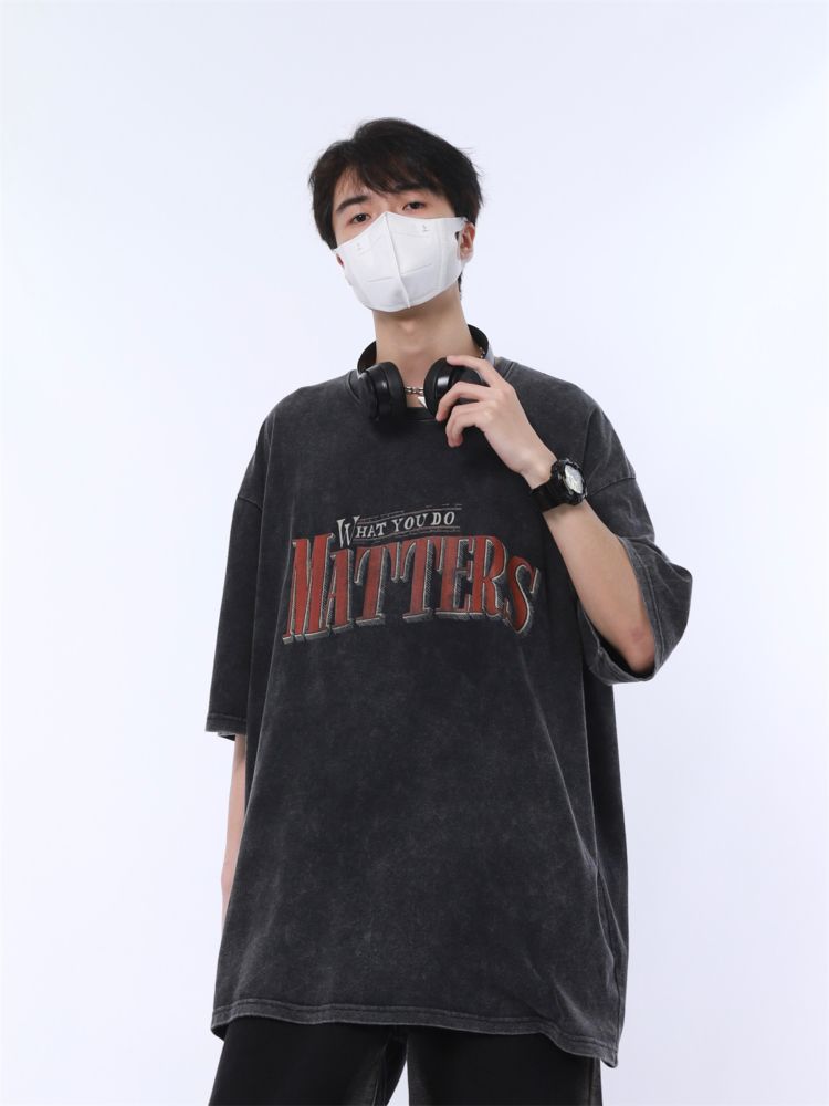 Retro letter print loose wash cotton T-shirt  HL2932