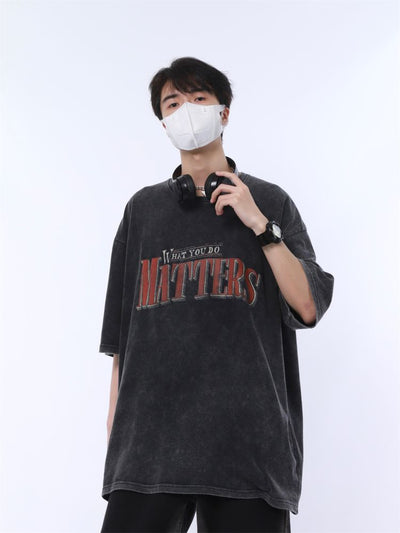 Retro letter print loose wash cotton T-shirt  HL2932