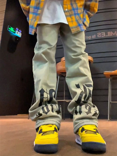 【F383】Yellow mud washed print straight jeans  FT0036