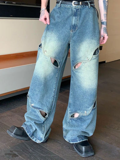 [CUIBUJU] Perforated design washed denim jeans CB0016