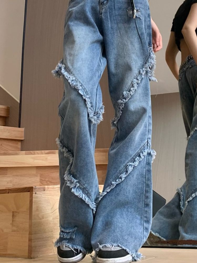 Diagonal edge design ripped jeans HL2905