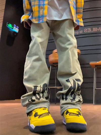 【F383】Yellow mud washed print straight jeans  FT0036