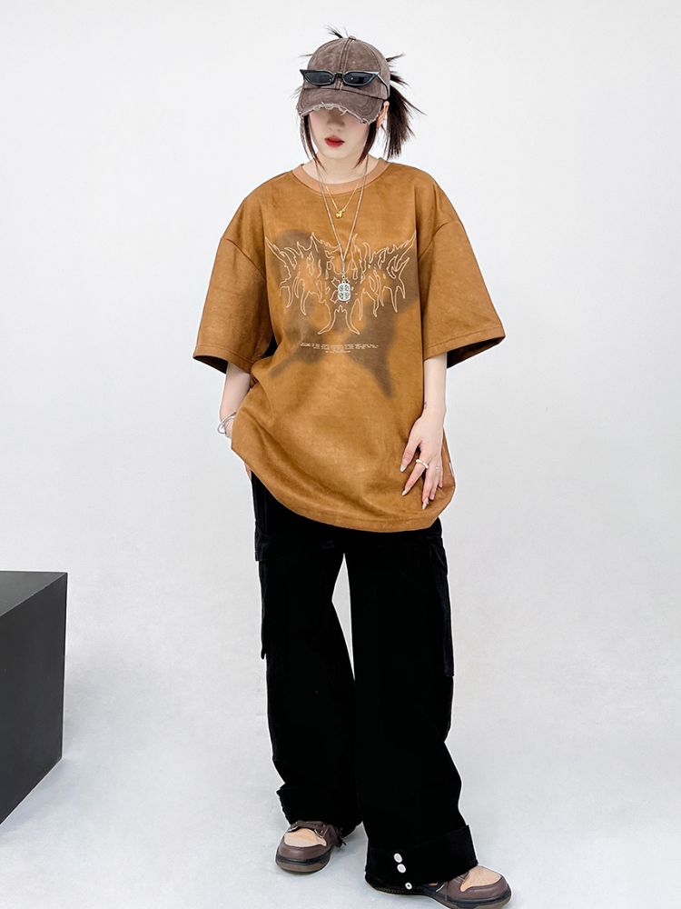 【CEDY】Design print suede short sleeve T-shirt  CD0019