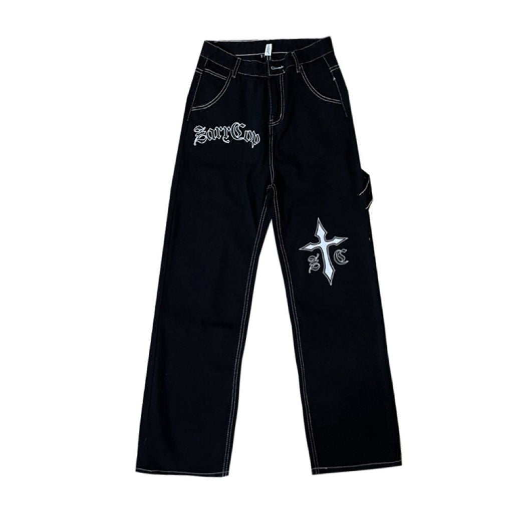 Crucifix print loose straight jeans  HL2907