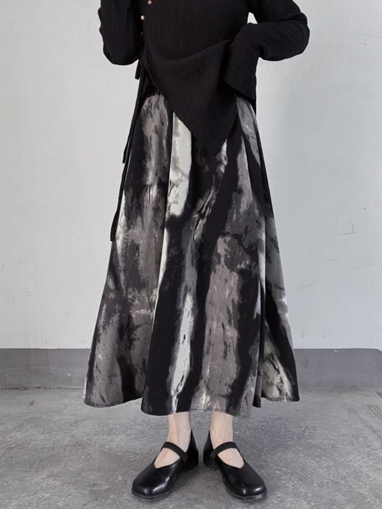 [Floating weed] Artistic ink printing and dyeing long skirt FW0001