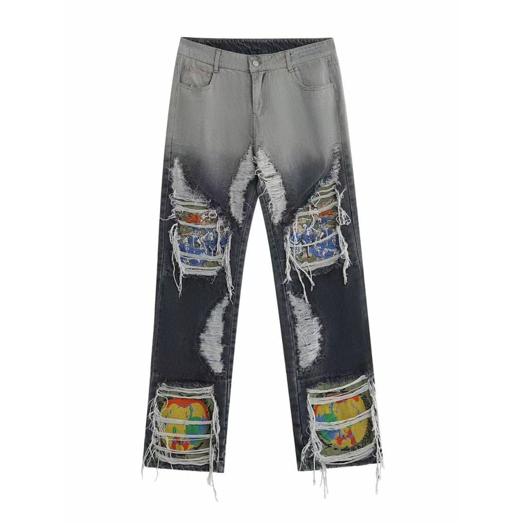 TR BRUSHSHIFT] Distressed embroidery design loose denim jeans 