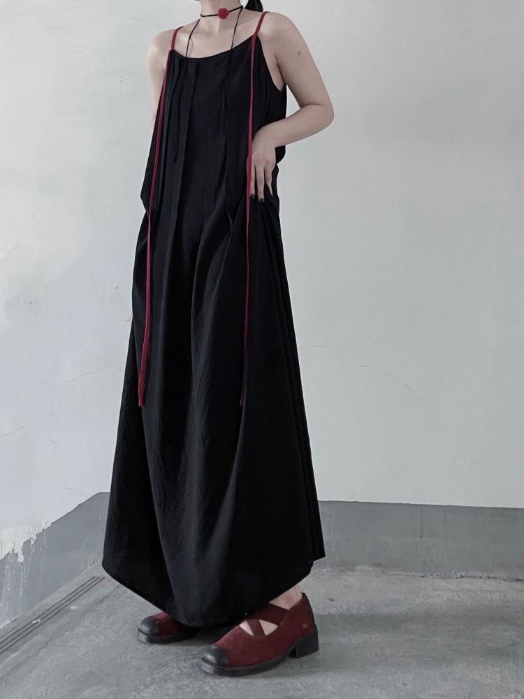 【Floating weed】Long ribbon suspenders pleated long dress  FW0006
