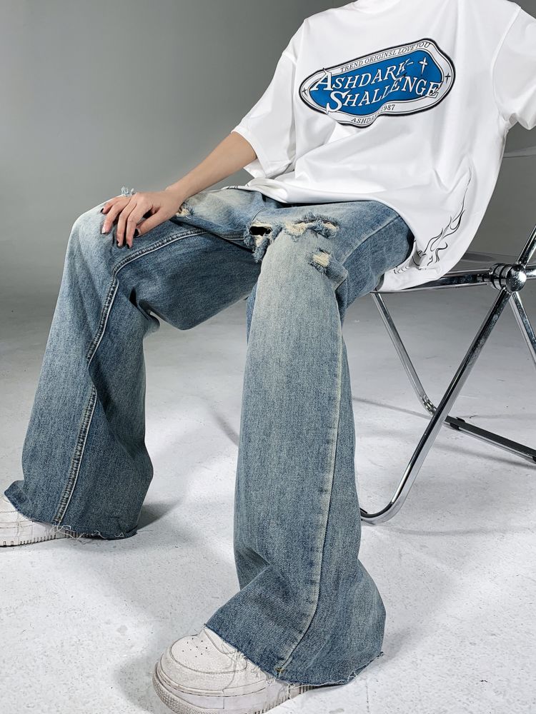 【MAXDSTR】Washed ripped design wide denim jeans  MD0064
