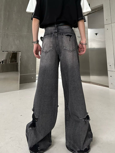 【MARTHENAUT】Ripped high waist drape wide leg pants  MH0002