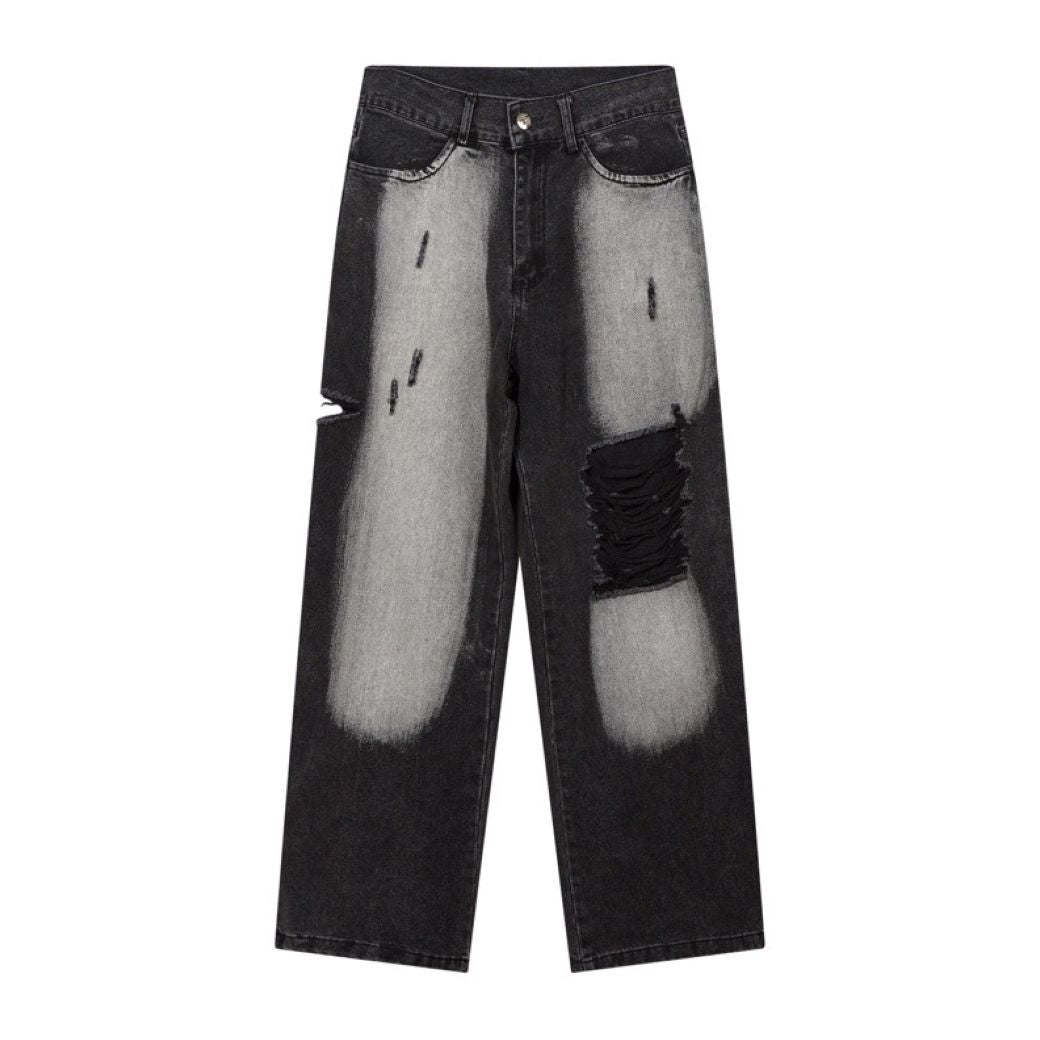 [ReIAx] Gradient washed distressed denim pants RX0006