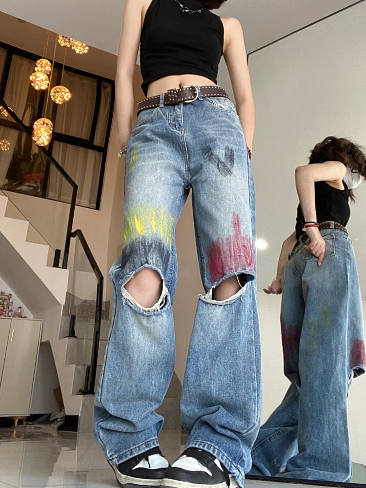 Ink graffiti ripped design wide leg jeans  HL2917