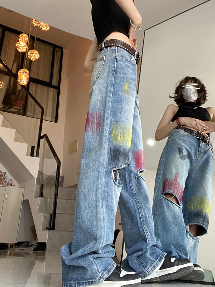 Ink graffiti ripped design wide leg jeans HL2917 – HI-LANDER