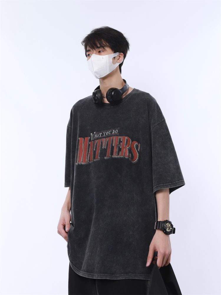Retro letter print loose wash cotton T-shirt  HL2932